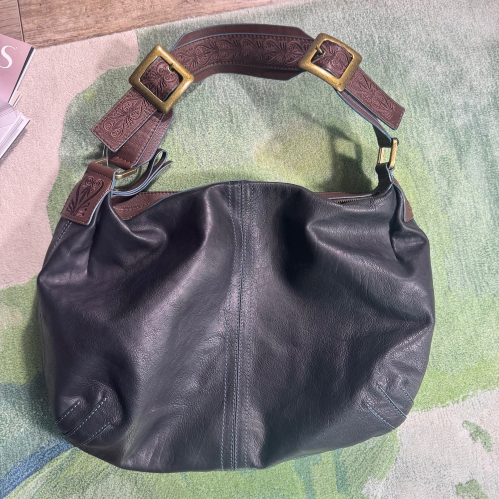 Gianni Bini Black Leather Hobo Bag Brown Tooled Embossed Strap Blue Trim NWT
